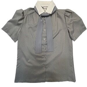 Vintage Ship 'n Shore 60s Blouse Gray Polka Dot Puff Sleeves Neck Tie Size 10